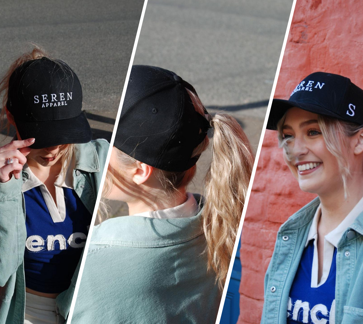 Three women wearing black ponytail baseball caps with 'Seren Apparel' text, outdoors.