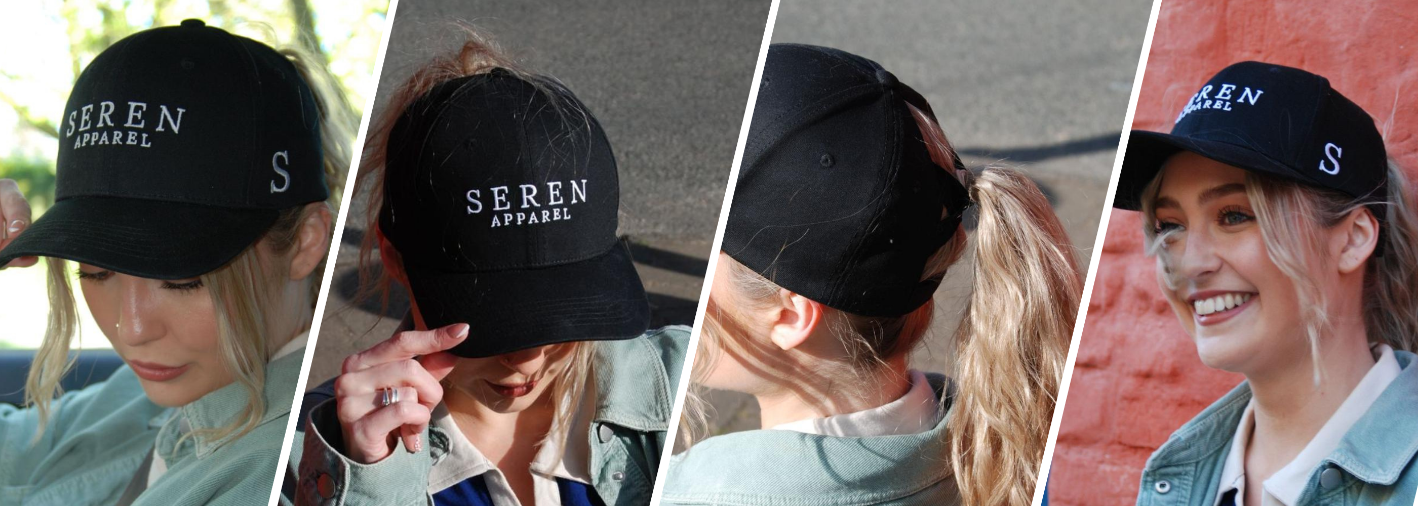 Collage of a person wearing a black ponytail baseball cap with 'Seren Apparel' text.